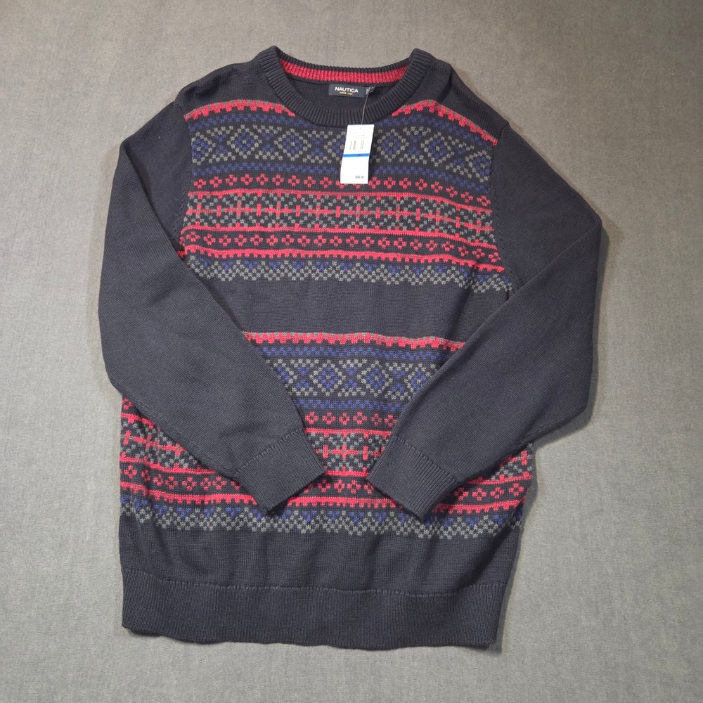 Nautica Sweater Mens XL Navy Blue Fair Isle Cotton Crewneck S53308 New